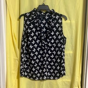 Jones New York Navy and White Ruffled Blouse with Bib Collar